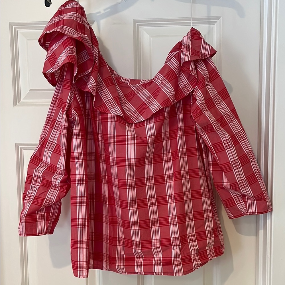 Ladies One Shoulder Plaid 3/4 Sleeve Top